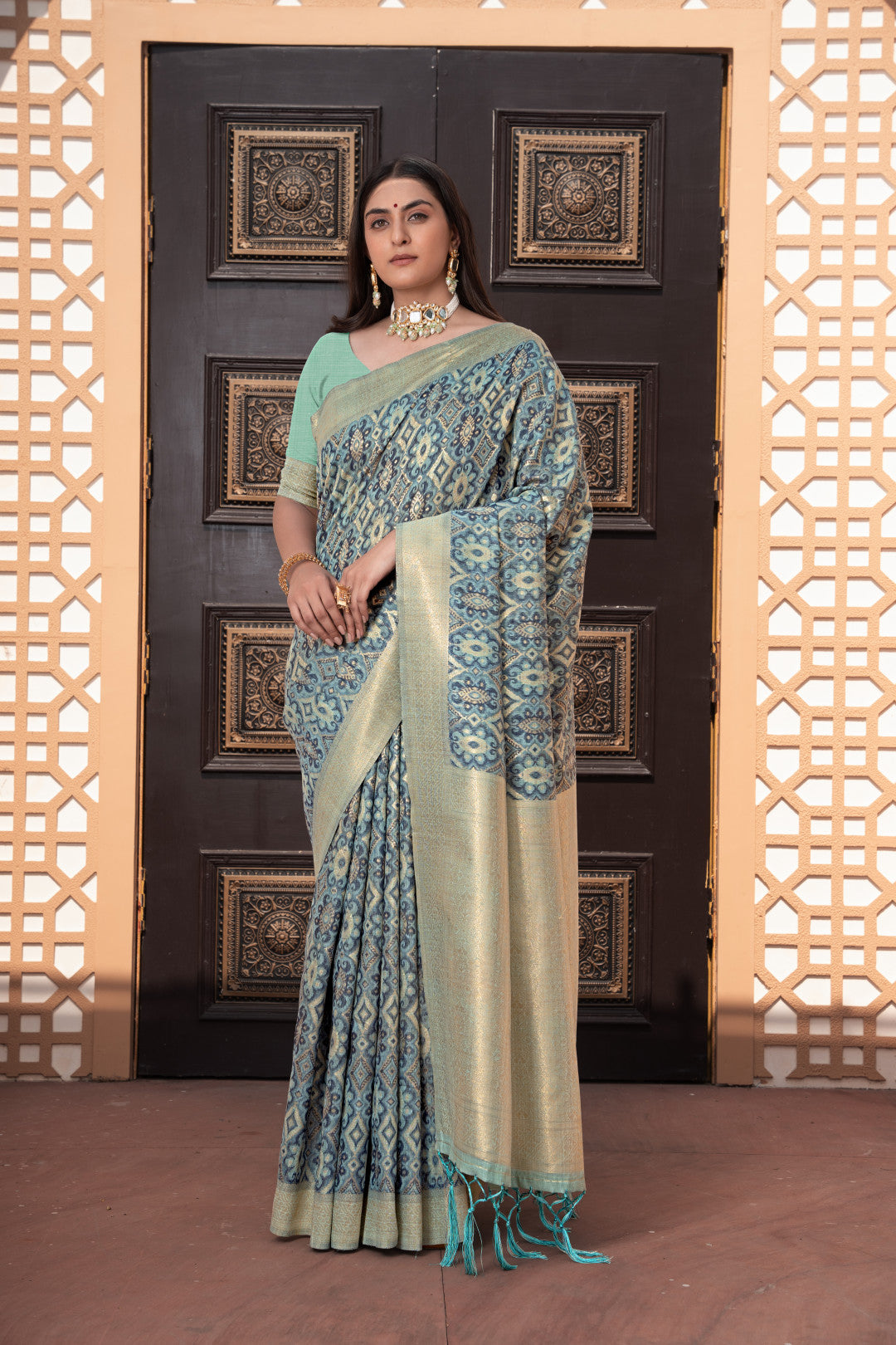 Blue Cotton Ikkat Silk Saree With Zari Woven Work