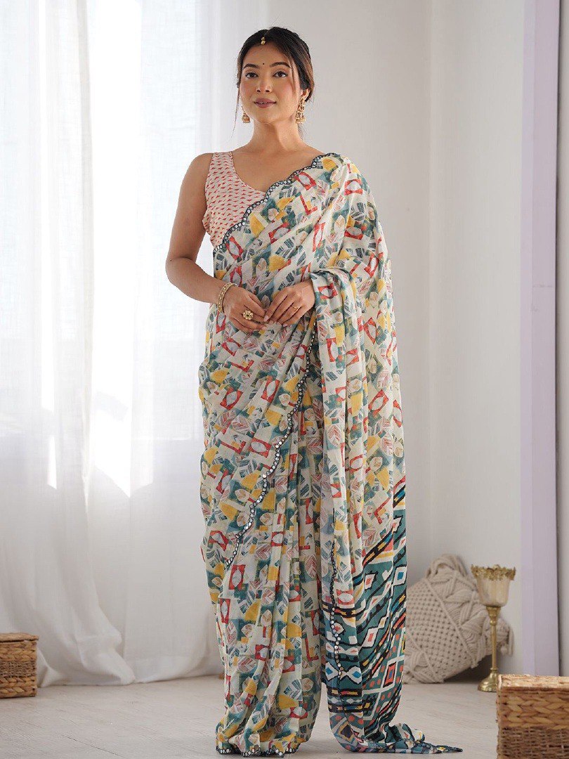 White Color Georgette Saree With Printed And Mirror Work With Arco Border