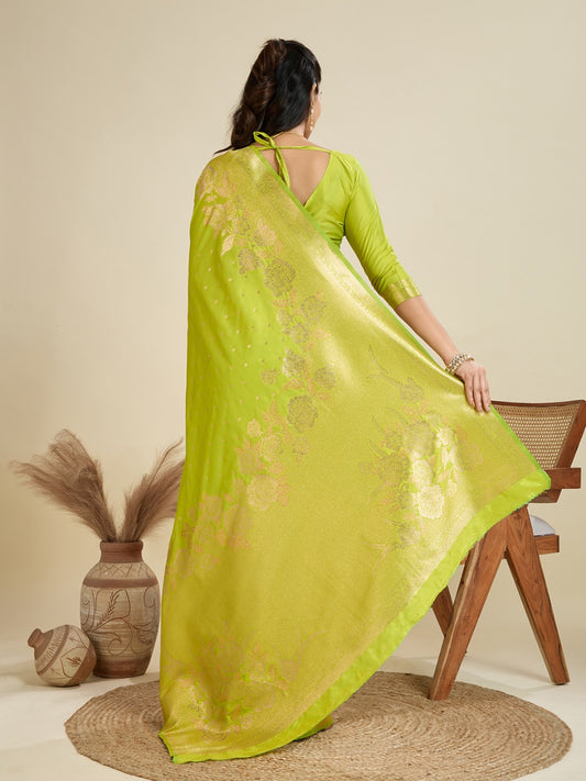Parrot Green Kanjivaram Silk Saree With Zari Weaving Border & Designer Rich Pallu