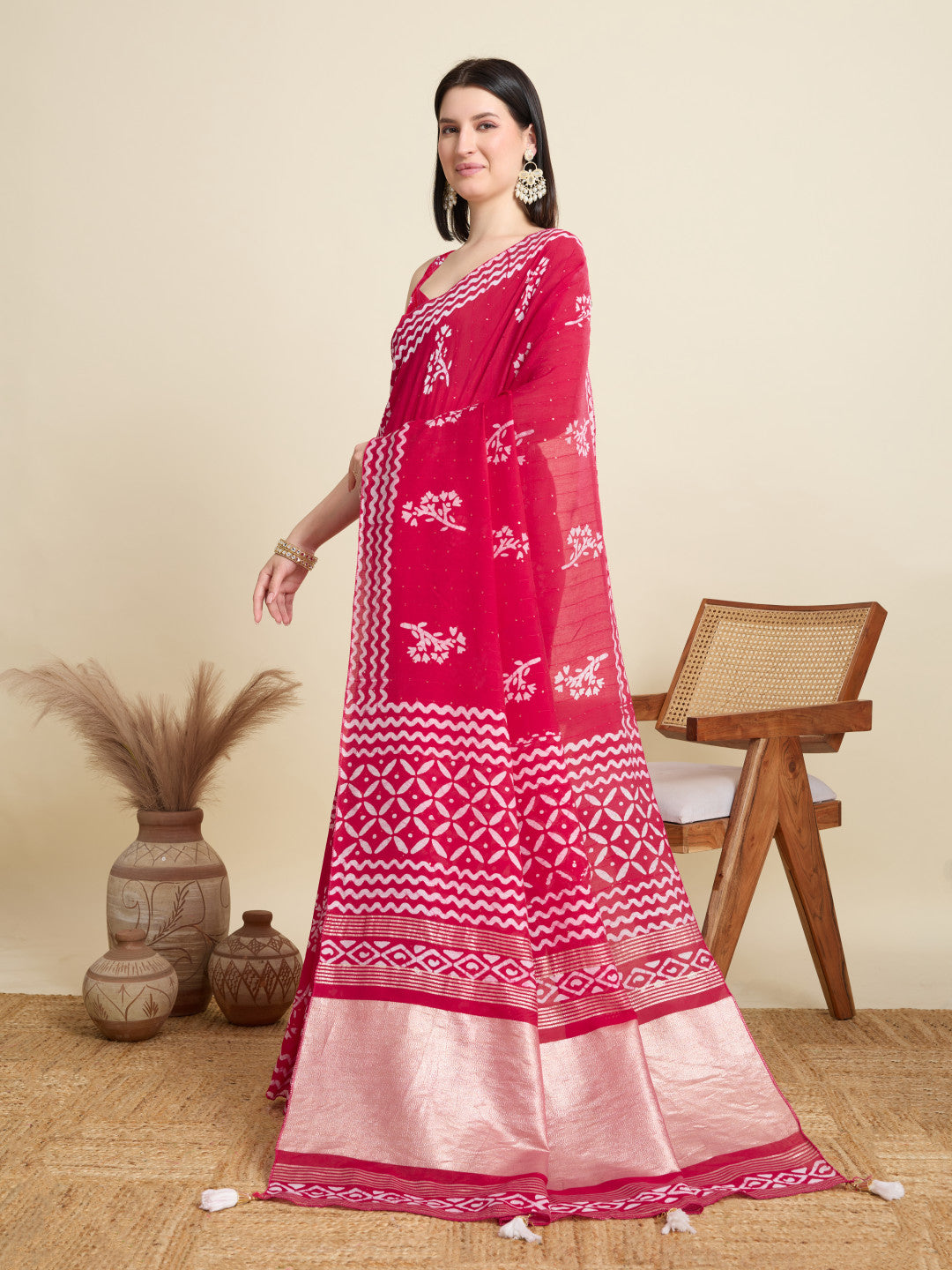 Rani Pink Batik Printed Soft Cotton Saree With Sequence Work
