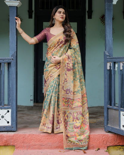 Multi Kalamkari Digital Printed Linen Cotton Saree