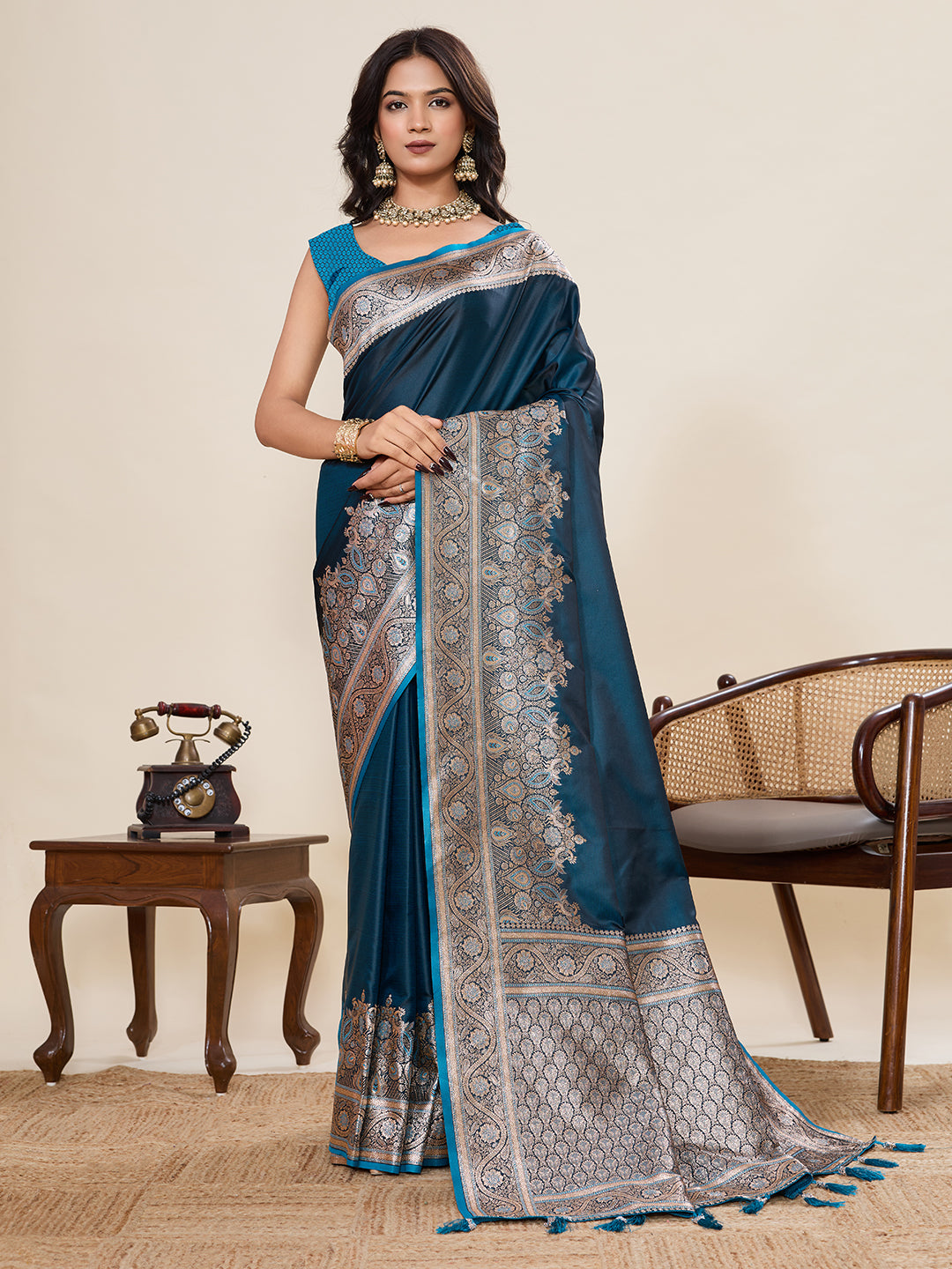 Firoji Soft Satin Silk Saree With Gala Border And Zari Weaving Work