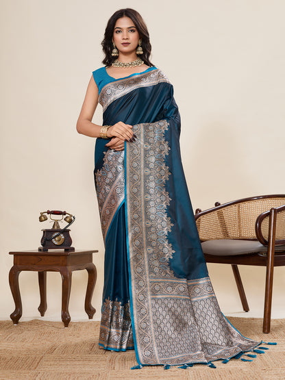 Firoji Soft Satin Silk Saree With Gala Border And Zari Weaving Work