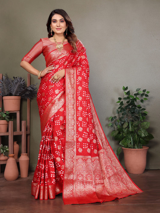 Red Premium Bandhej Silk Saree With Zari Weaving Work