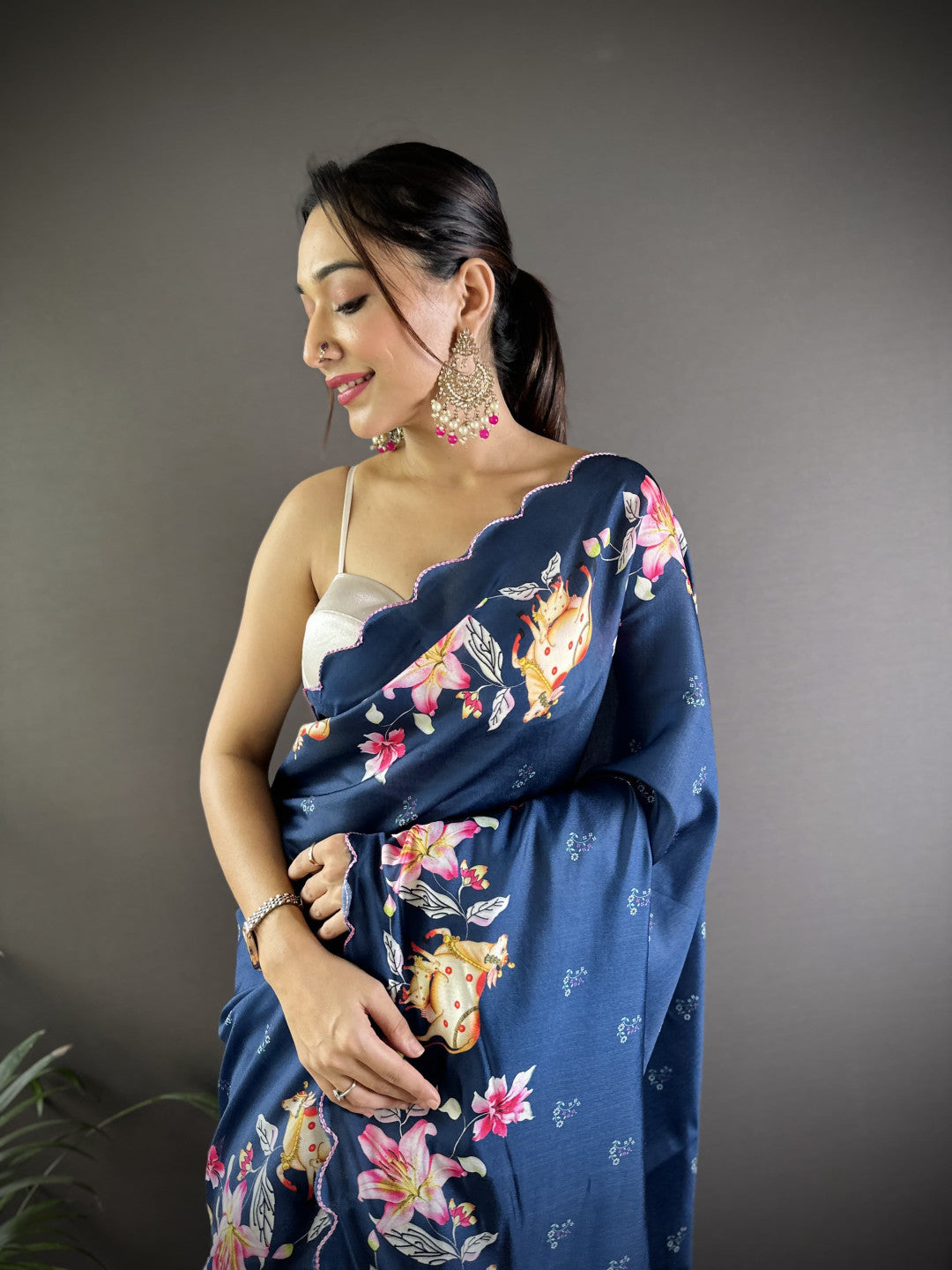 Blue Gadhwal Silk Saree With Pichwai Print And Embroidery Cut Work