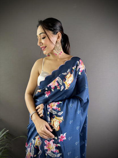 Blue Gadhwal Silk Saree With Pichwai Print And Embroidery Cut Work
