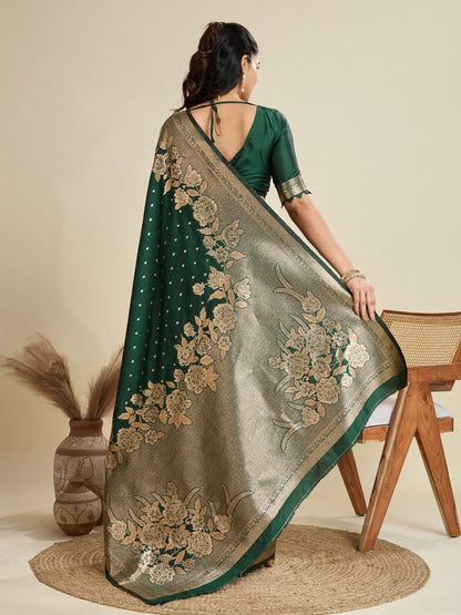 Dark Green Kanjivaram Silk Saree With Zari Weaving Border & Designer Rich Pallu