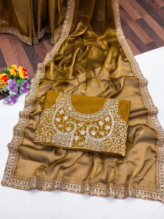 Beige Fancy Jimmy Choo Satin Silk Saree With Embrodery & Sequence Work