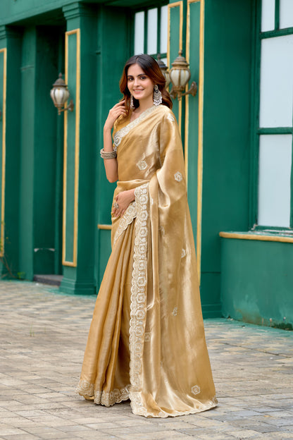 Beige Fancy Shimmer Chiffon Saree With Embroidery Work