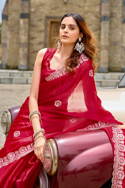 Red Fancy Shimmer Chiffon Saree With Embroidery Work