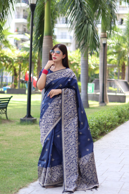 Navy Blue Color Soft Handloom Raw Silk Saree With Weaving Work