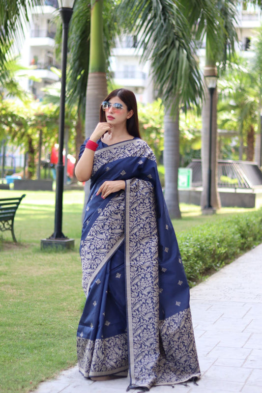Navy Blue Color Soft Handloom Raw Silk Saree With Weaving Work