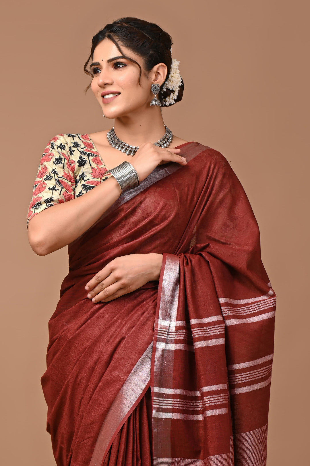 Maroon Colour Pure Plain Linen Cotton Saree With Ajrakh Blockprinted Cotton Blouse