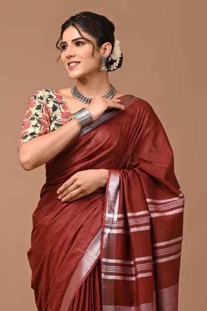 Maroon Colour Pure Plain Linen Cotton Saree With Ajrakh Blockprinted Cotton Blouse