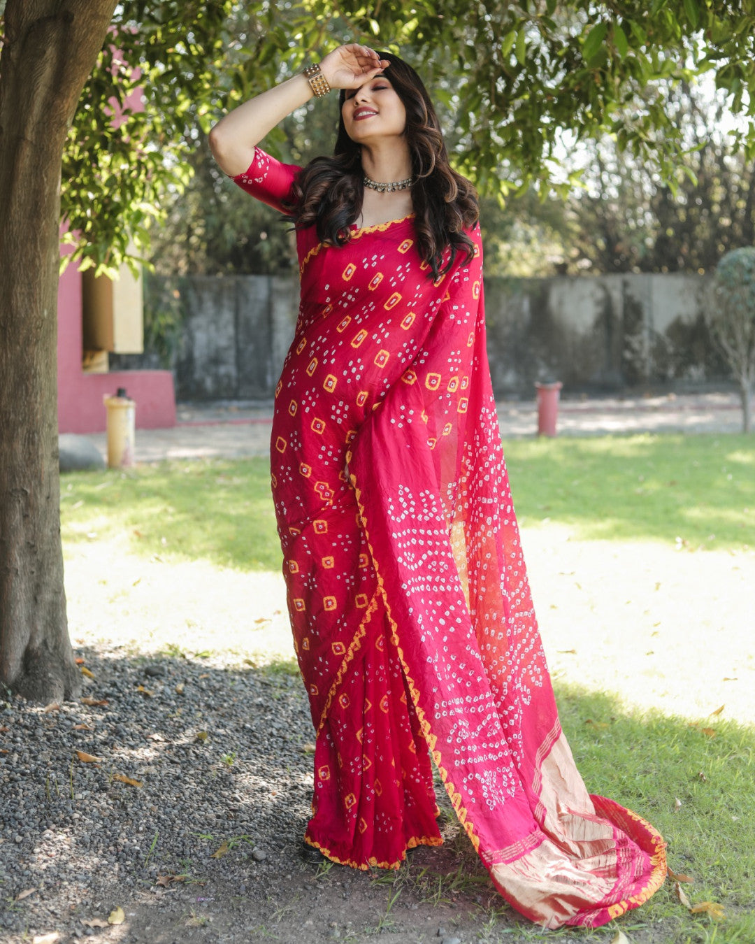 Pink Color Bandhej Silk Saree With Printed Work