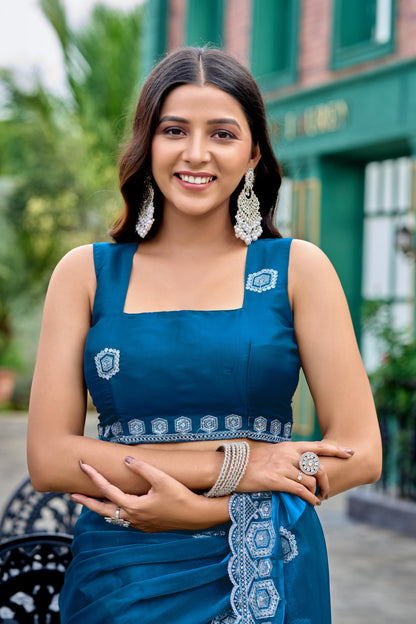 Firoji Fancy Shimmer Chiffon Saree With Embroidery Work