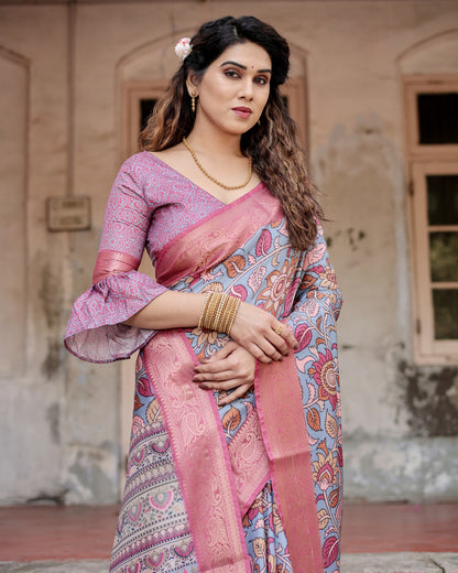 Multi Kalamkari Digital Printed Dola Silk Saree With Gold Zari Border