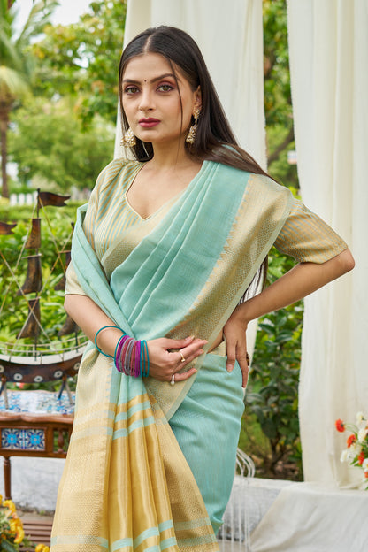Sky Blue Color Linen Cotton Saree With Zari Weaving Border