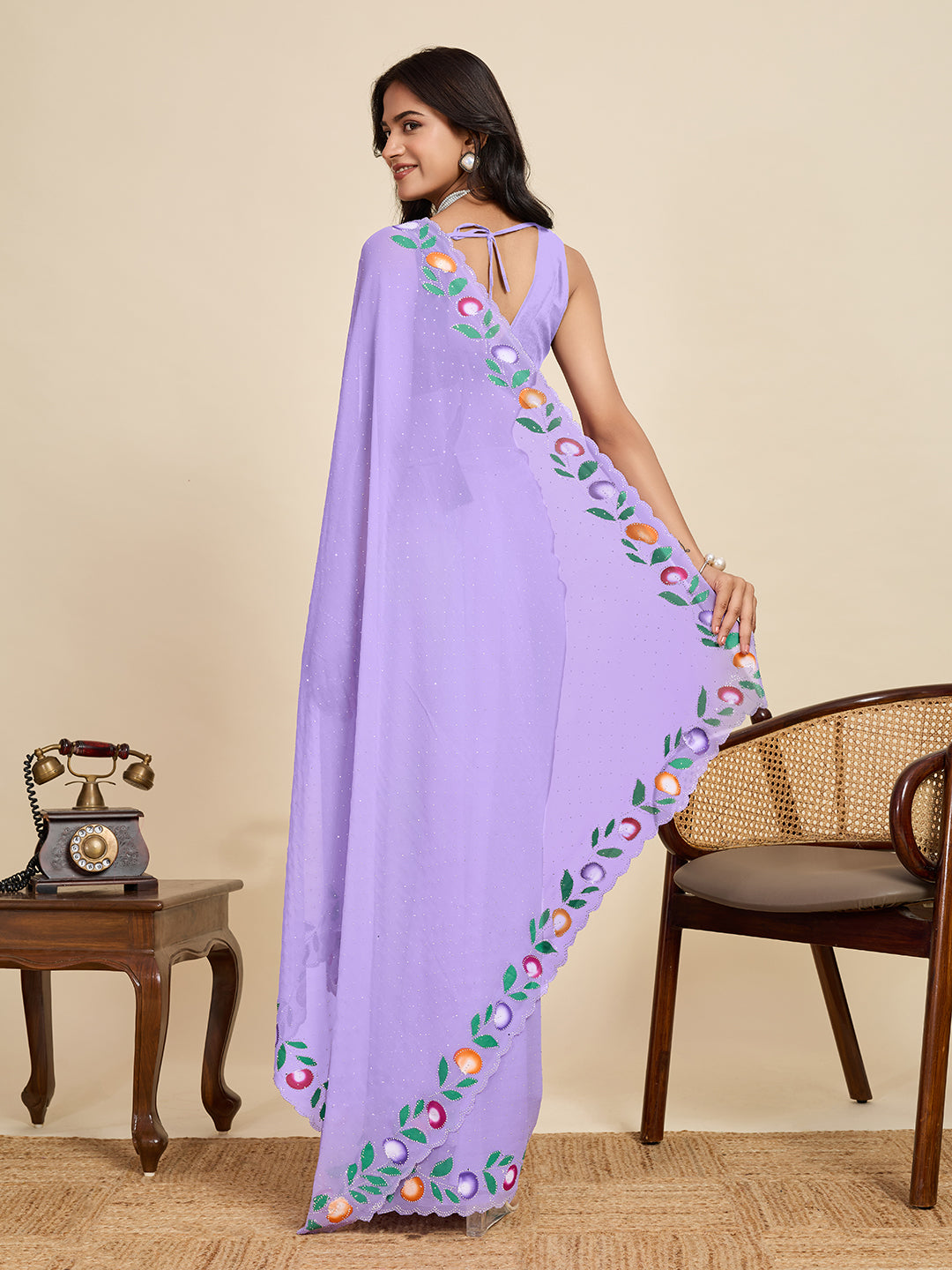 Lavender Color Georgette Saree With Brush Print And Siroski Work