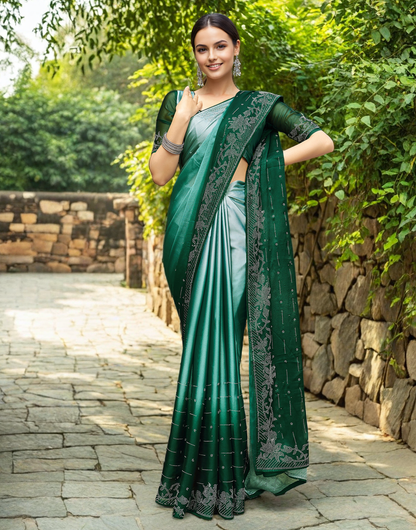 Green Rangoli Silk Saree With Beautiful Siroski Work