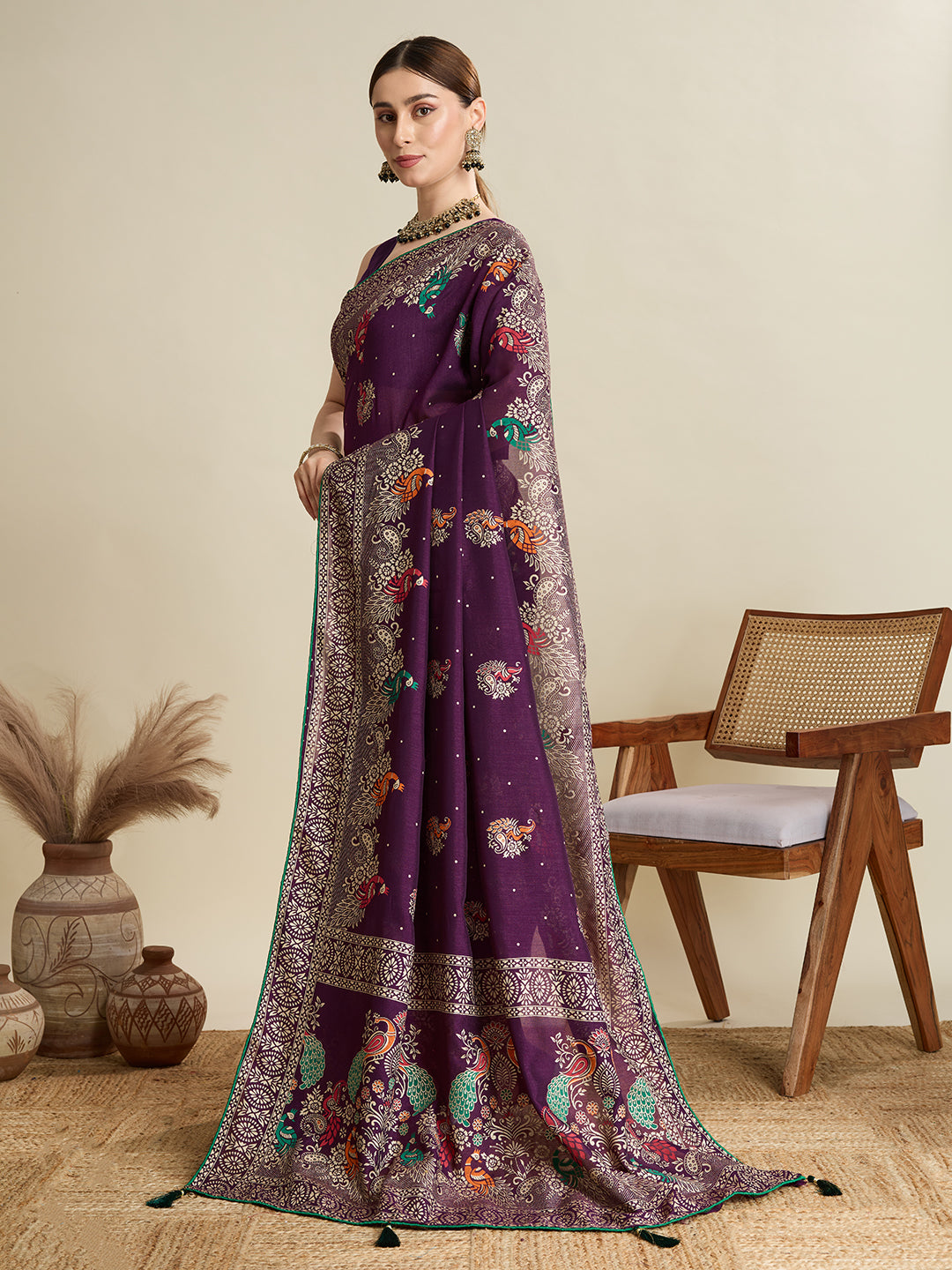 Wine Cotton Saree With Table Printed And Foil Work With Pipeing Border