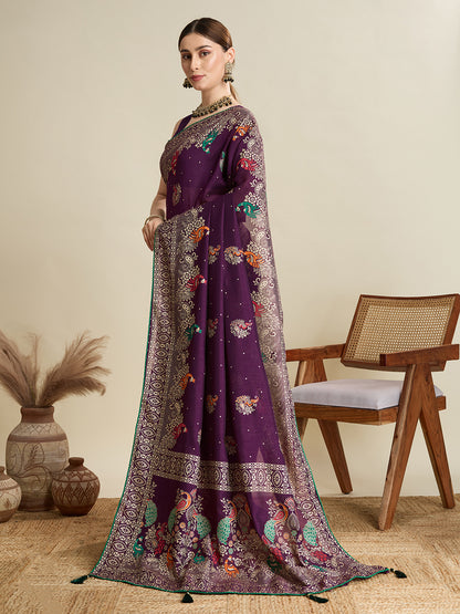 Wine Cotton Saree With Table Printed And Foil Work With Pipeing Border