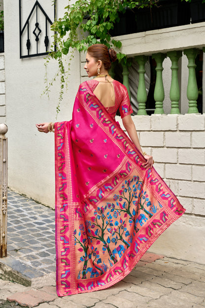 Traditional Pink Paithani Silk Saree With Zari Weaving Work