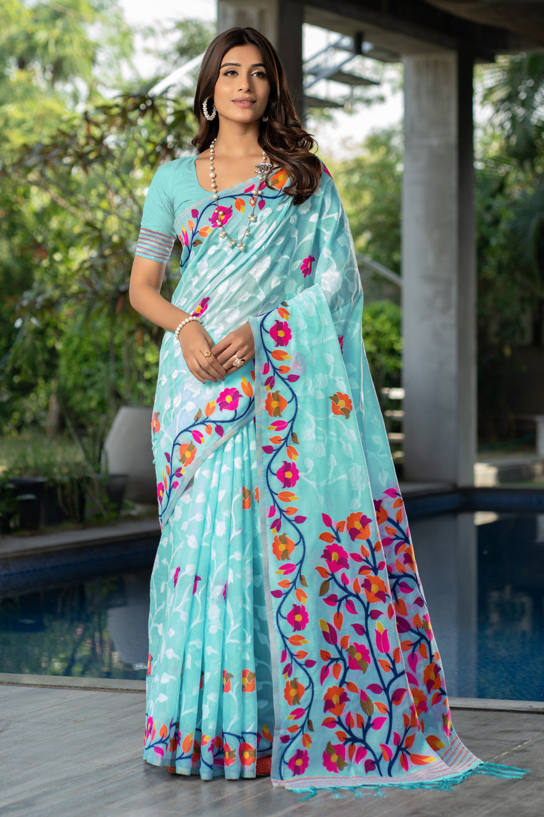 Sky Blue Color Soft Jamdani Cotton Saree With Woven Design
