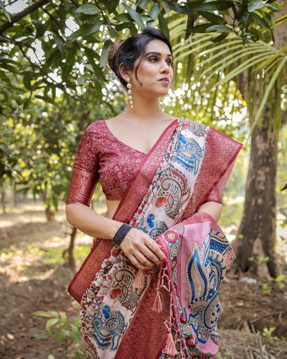 Multi Fancy Kalamkari Digital Printed Tussar Silk Saree