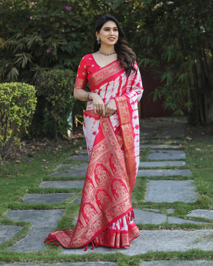 Red Color Dola Silk Saree With Shibori Printed Work