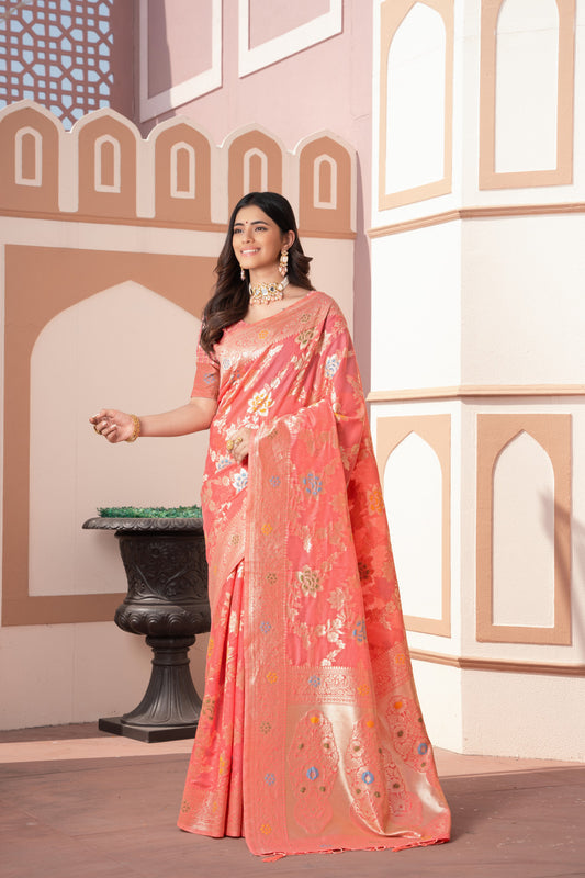 Peach Banarasi Cotton Silk Saree With Zari Woven Work