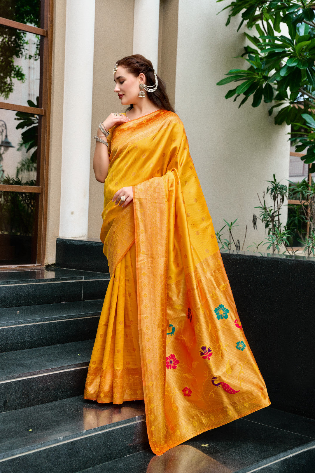 Traditional Yellow Paithani Silk Saree With Zari Weaving Work