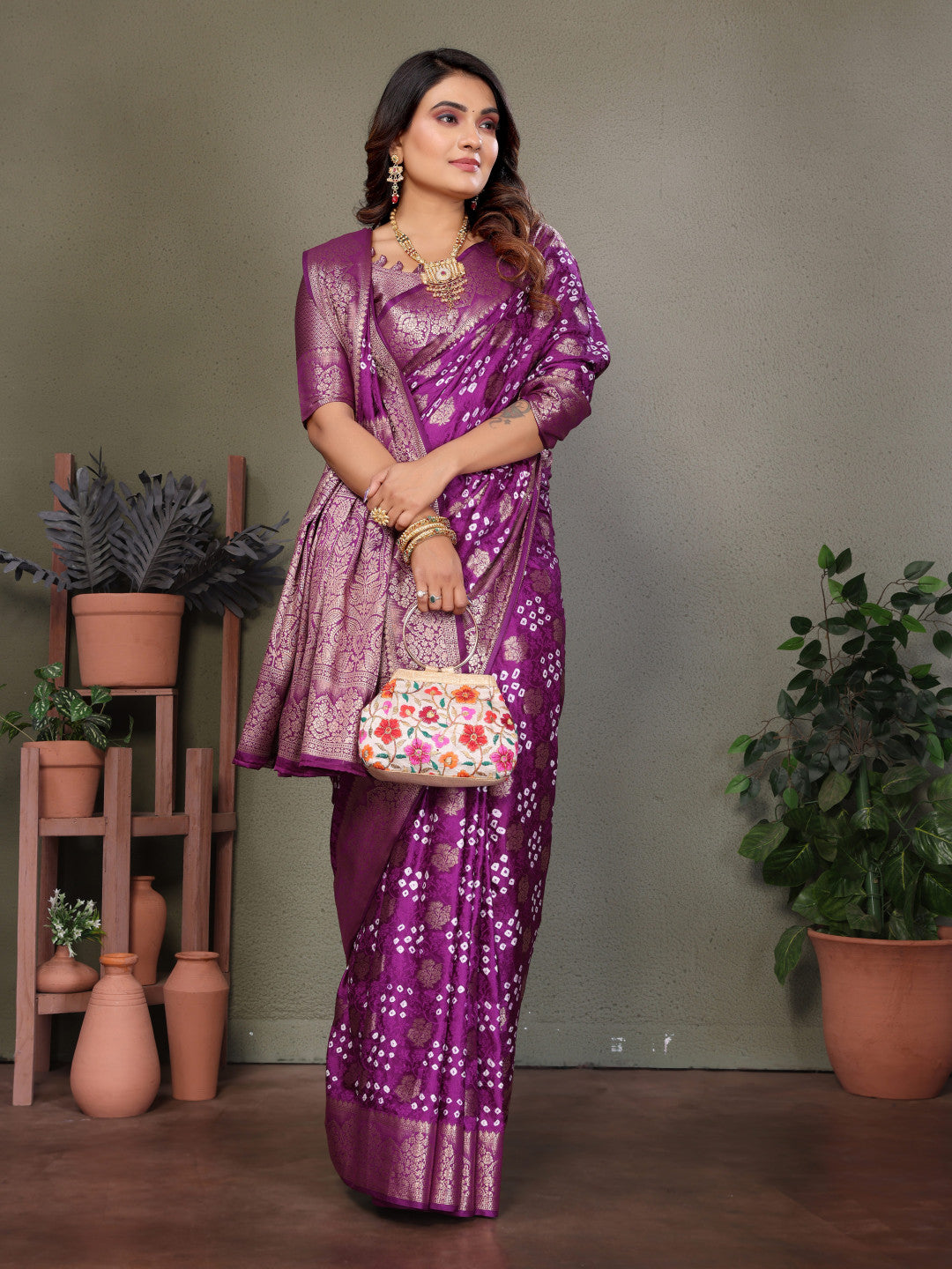 Magenta Premium Bandhej Silk Saree With Zari Weaving Work