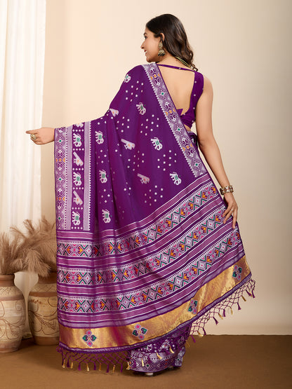Traditional Muslin Dola Silk Saree With Meenakari Zari Weaving Work