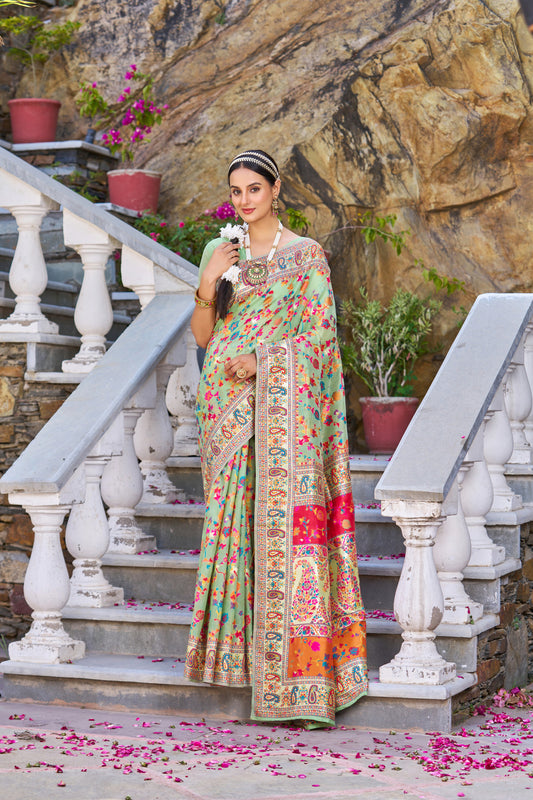 Pista Green Color Banarasi Silk Saree With Zari Weaving Work