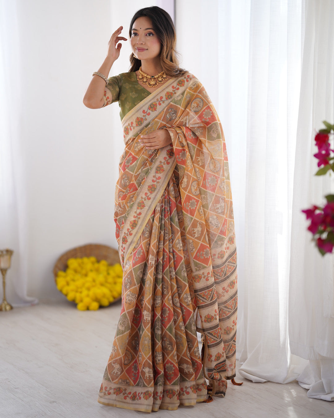 Multi Color Kalamkari Digital Printed Linen Cotton Saree