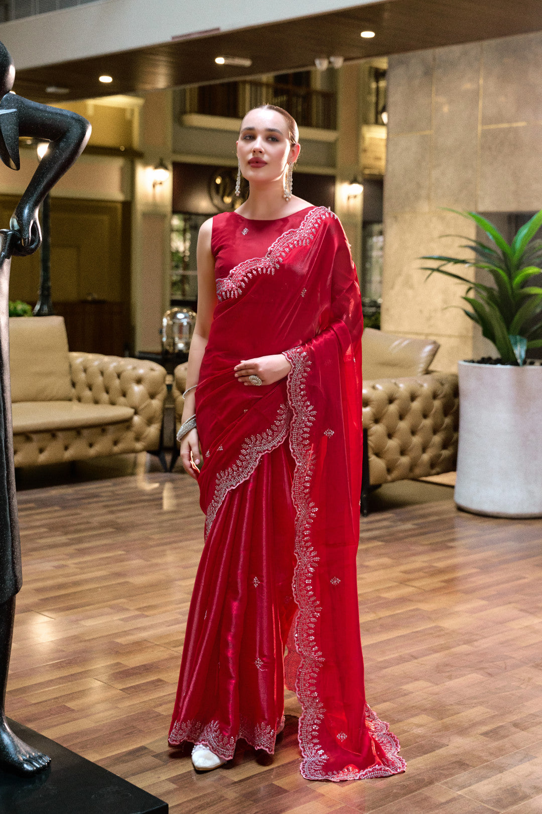Red Fancy Shimmer Chiffon Saree With Embroidery Work