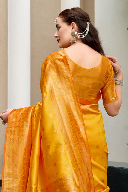 Traditional Yellow Paithani Silk Saree With Zari Weaving Work