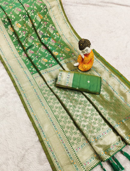Green Premium Banarasi Silk Saree With Meenakari Zari Weaving Work