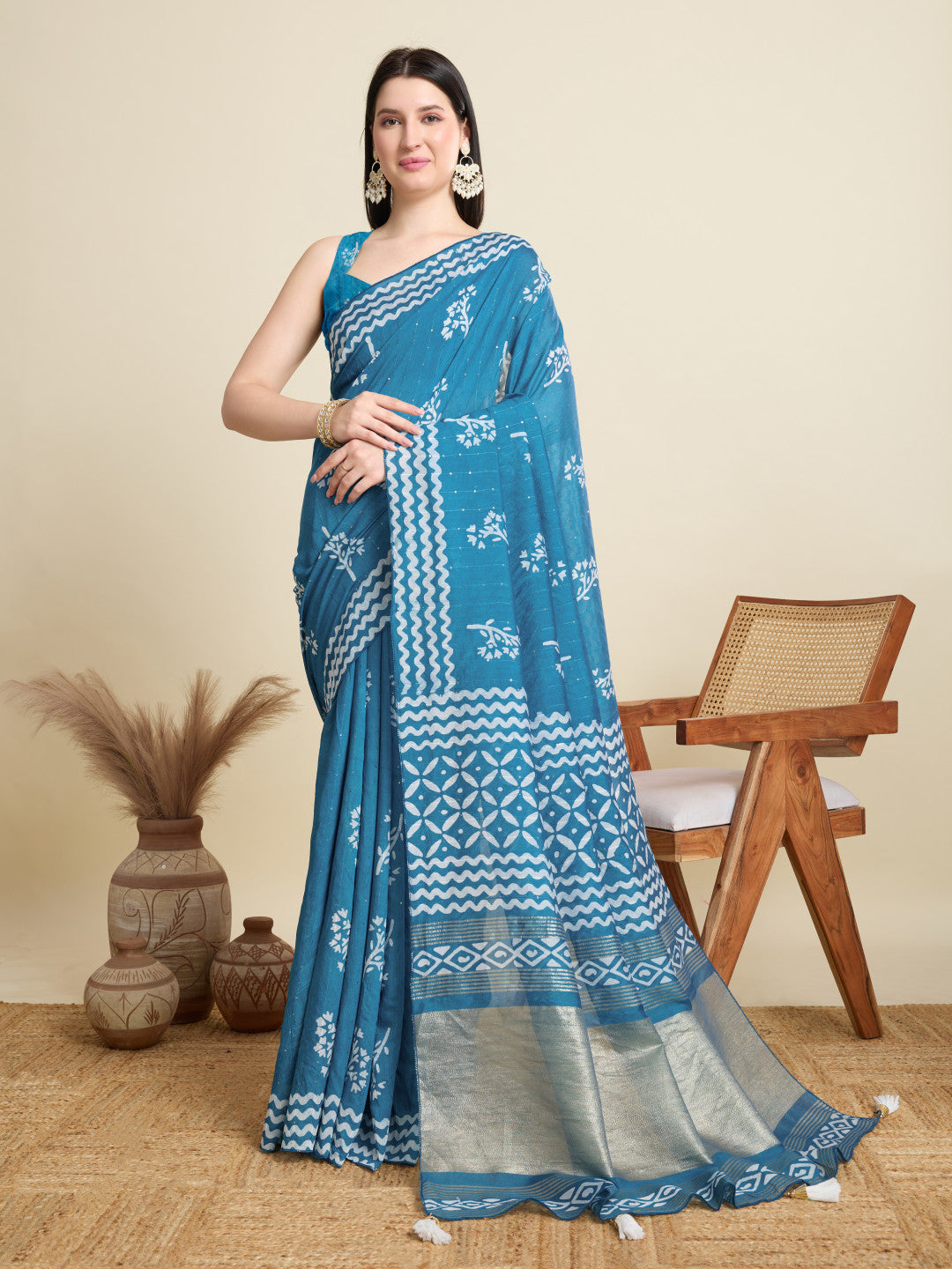 Firoji Batik Printed Soft Cotton Saree With Sequence Work
