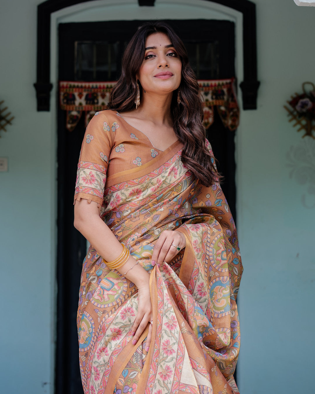 Kalamkari Digital Printed Linen Cotton Saree