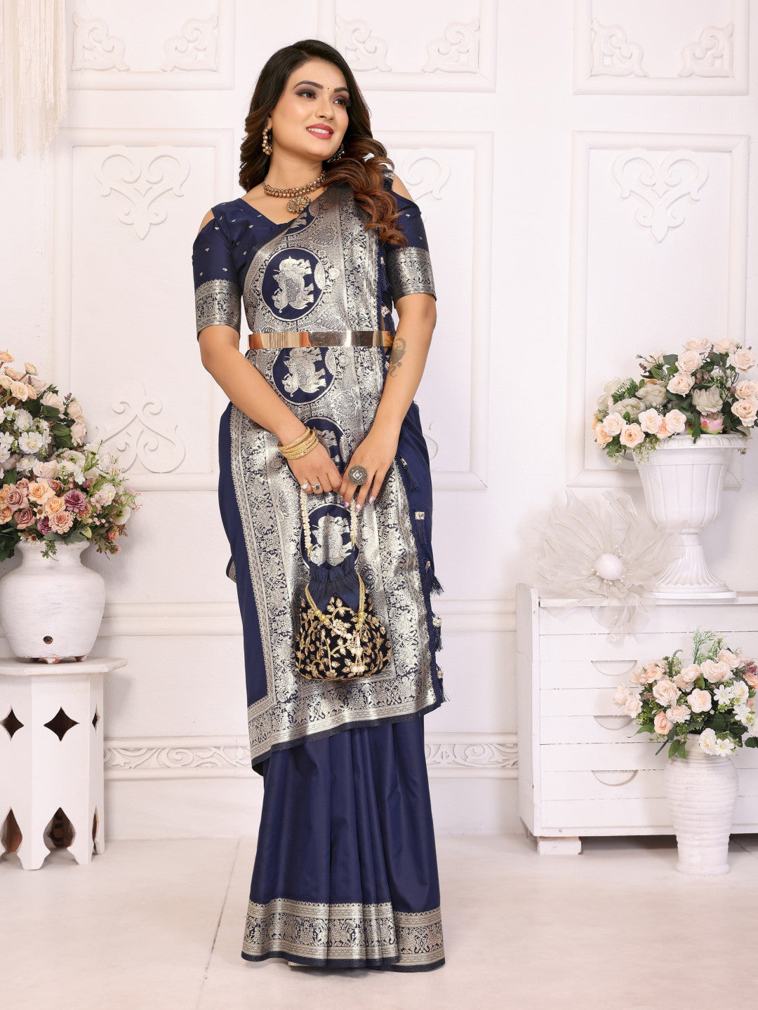 Premium Summer Special Navy Blue Banarasi Silk Saree With Gala Weaving Exclusive Work