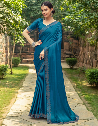 Party Wear Morpeach Satin Silk Fancy Saree With Siroski Work