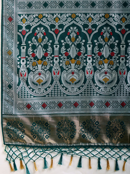 Green Traditional Muslin Dola Silk Saree With Meenakari Zari Weaving Work