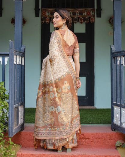 Kalamkari Digital Printed Linen Cotton Saree
