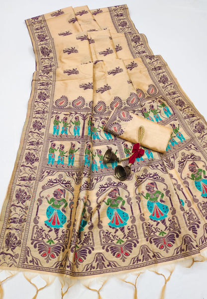 Cream Traditional Handloom Raw Silk Saree With Woven Design