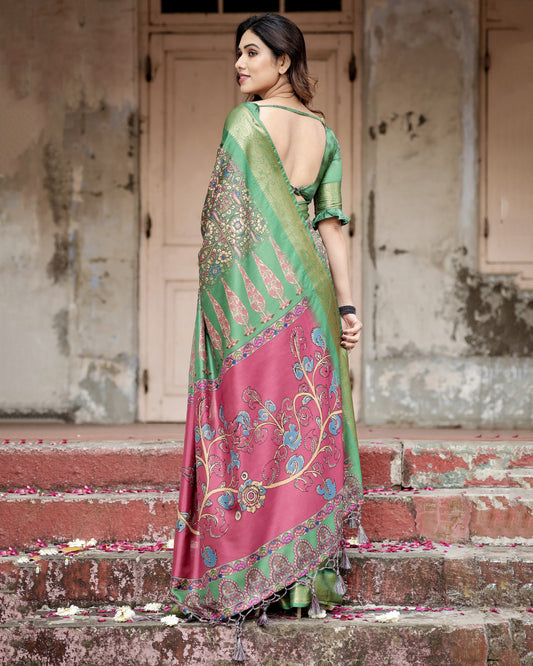 Multi Kalamkari Digital Printed Dola Silk Saree With Gold Zari Border