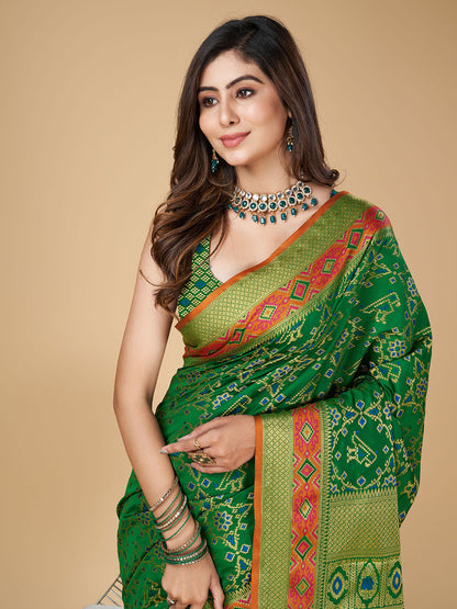 Green Color Patola Silk Saree With Zari Weaving Work