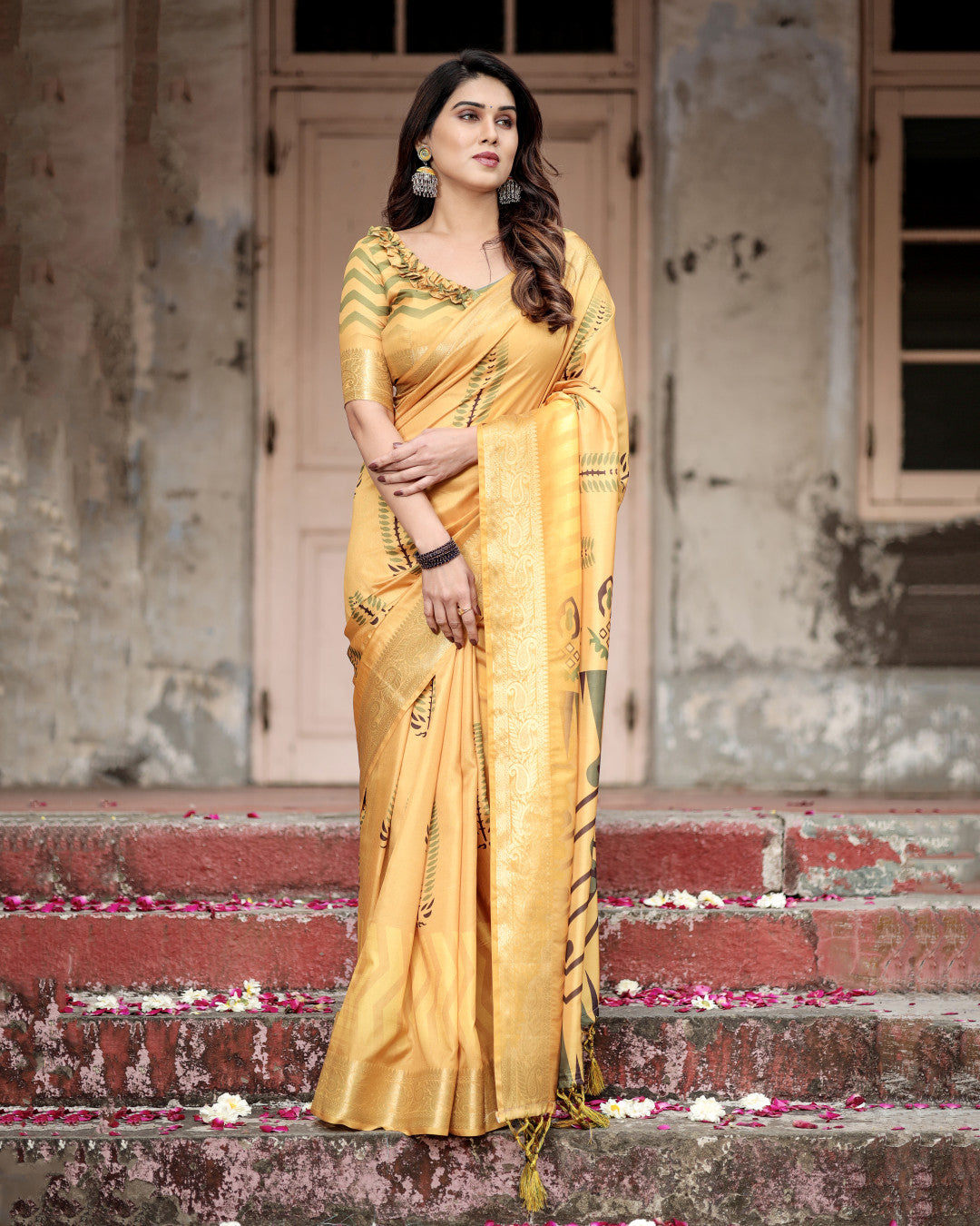 Yellow Kalamkari Digital Printed Dola Silk Saree With Gold Zari Border