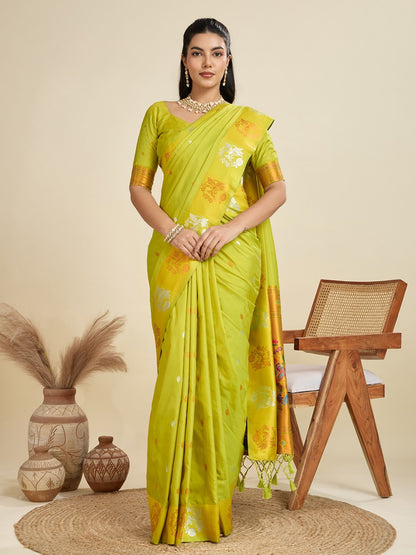 Pista Green Kanjivaram Silk Saree With Zari Weaving Butta Border & Designer Rich Paithani Pallu